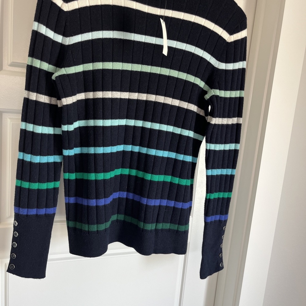 TALBOTS Blue Green Stripe Ribbed Turtleneck Sweater Button Cuff S New Nautical - Picture 6 of 12